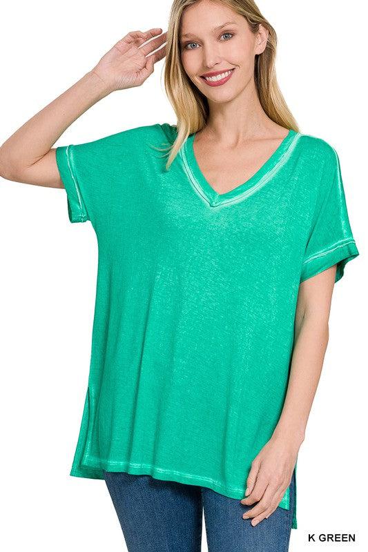 WASHED SHORT SLEEVE V-NECK TOP W HI-LOW HEM-Shirts & Tops-Contemporary, Only at FashionGo, Short Sleeve, T-Shirts & Polos, Tie dye, V-Neck-LT NAVY-S-[option4]-[option5]-[option6]-Womens-USA-Clothing-Boutique-Shop-Online-Clothes Minded