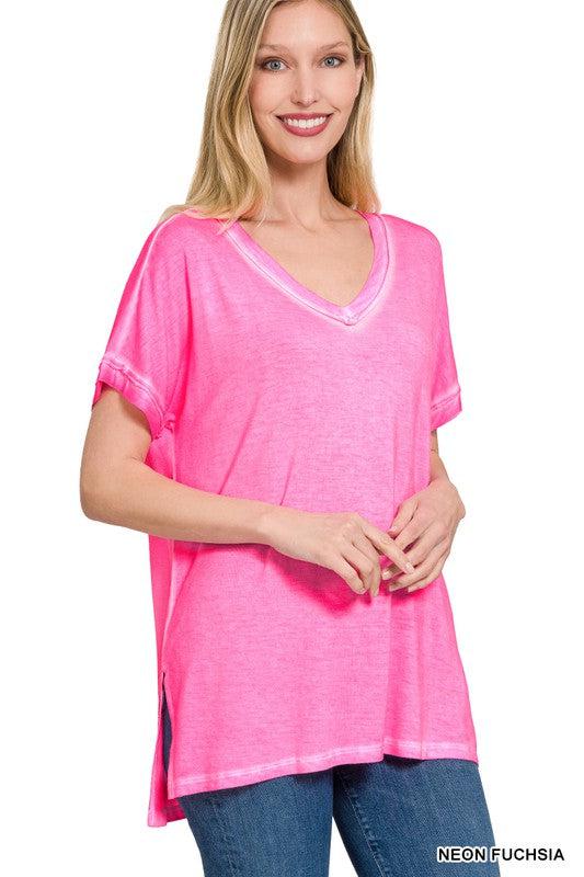 WASHED SHORT SLEEVE V-NECK TOP W HI-LOW HEM-Shirts & Tops-Contemporary, Only at FashionGo, Short Sleeve, T-Shirts & Polos, Tie dye, V-Neck-[option4]-[option5]-[option6]-Womens-USA-Clothing-Boutique-Shop-Online-Clothes Minded