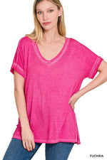 WASHED SHORT SLEEVE V-NECK TOP W HI-LOW HEM-Shirts & Tops-Contemporary, Only at FashionGo, Short Sleeve, T-Shirts & Polos, Tie dye, V-Neck-FUCHSIA-S-[option4]-[option5]-[option6]-Womens-USA-Clothing-Boutique-Shop-Online-Clothes Minded