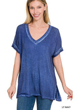 WASHED SHORT SLEEVE V-NECK TOP W HI-LOW HEM-Shirts & Tops-Contemporary, Only at FashionGo, Short Sleeve, T-Shirts & Polos, Tie dye, V-Neck-LT NAVY-S-[option4]-[option5]-[option6]-Womens-USA-Clothing-Boutique-Shop-Online-Clothes Minded