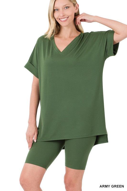 WBS BRUSHED DTY MICROFIBER V-NECK TOP & BIKER SHORTS-Shirts & Tops-Casual Sets, Contemporary-ARMY GREEN-S-[option4]-[option5]-[option6]-Womens-USA-Clothing-Boutique-Shop-Online-Clothes Minded