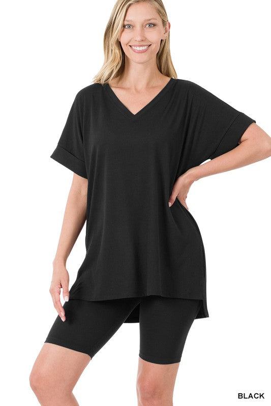 WBS BRUSHED DTY MICROFIBER V-NECK TOP & BIKER SHORTS-Shirts & Tops-Casual Sets, Contemporary-BLACK-S-[option4]-[option5]-[option6]-Womens-USA-Clothing-Boutique-Shop-Online-Clothes Minded