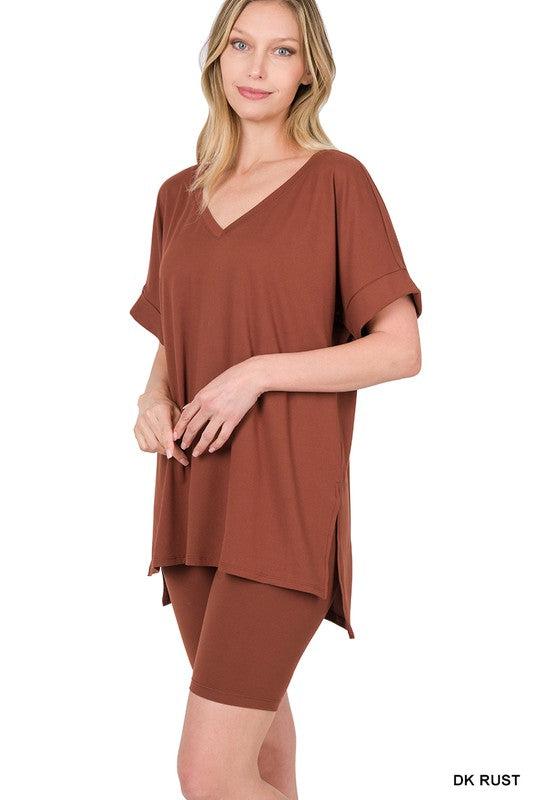 WBS BRUSHED DTY MICROFIBER V-NECK TOP & BIKER SHORTS-Shirts & Tops-Casual Sets, Contemporary-DK RUST-S-[option4]-[option5]-[option6]-Womens-USA-Clothing-Boutique-Shop-Online-Clothes Minded