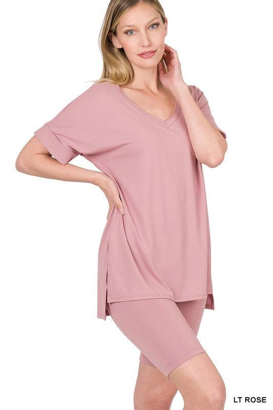 WBS BRUSHED DTY MICROFIBER V-NECK TOP & BIKER SHORTS-Shirts & Tops-Casual Sets, Contemporary-LT ROSE-S-[option4]-[option5]-[option6]-Womens-USA-Clothing-Boutique-Shop-Online-Clothes Minded