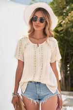 WBS Crochet Eyelet Buttoned Short Sleeves Top-Tops-Will be shipped collection-Apricot-S-[option4]-[option5]-[option6]-Womens-USA-Clothing-Boutique-Shop-Online-Clothes Minded