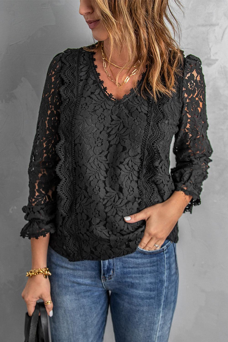 WBS Lace Crochet V-Neck Flounce Sleeve Top-Tops-Will be shipped collection-Black-S-[option4]-[option5]-[option6]-Womens-USA-Clothing-Boutique-Shop-Online-Clothes Minded