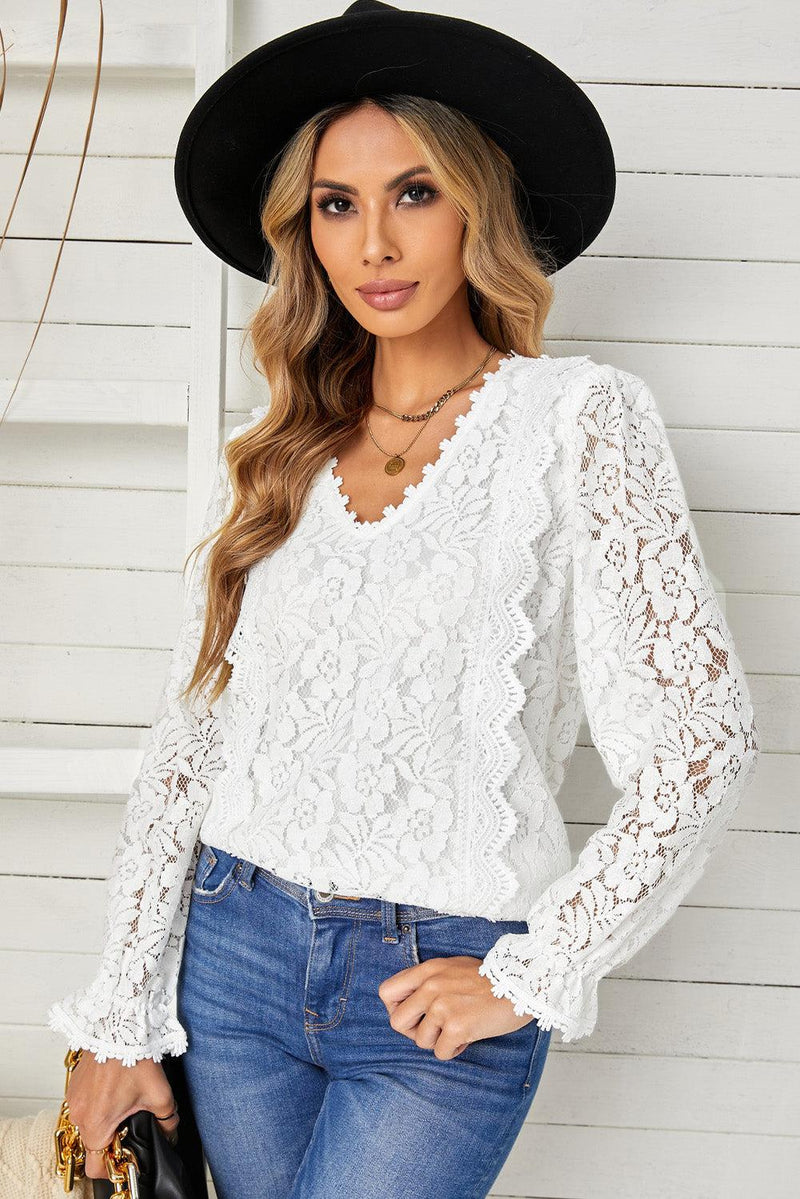 WBS Lace Crochet V-Neck Flounce Sleeve Top-Tops-Will be shipped collection-[option4]-[option5]-[option6]-Womens-USA-Clothing-Boutique-Shop-Online-Clothes Minded