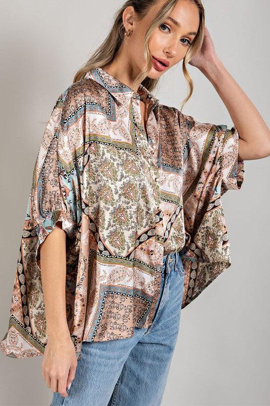 WBS PRINTED HALF SLEEVE BLOUSE TOP-Shirts & Tops-3/4 Sleeve, Button Down, Contemporary, Only at FashionGo, Polyester, Print-Animal-Floral-Skull-Butterfly, Shirts & Blouses-[option4]-[option5]-[option6]-Womens-USA-Clothing-Boutique-Shop-Online-Clothes Minded