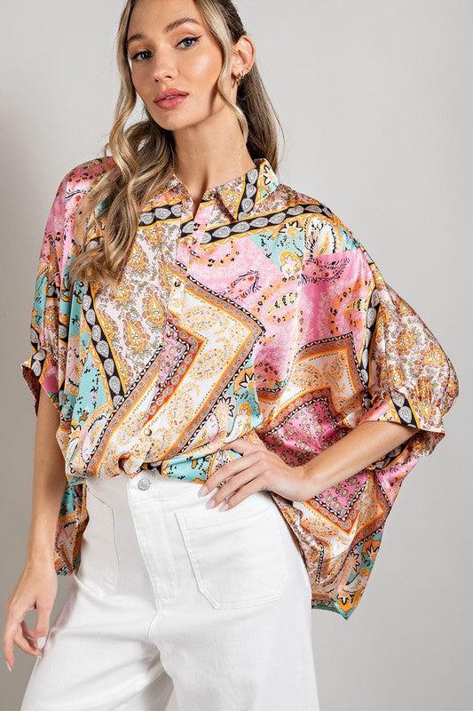 WBS PRINTED HALF SLEEVE BLOUSE TOP-Shirts & Tops-3/4 Sleeve, Button Down, Contemporary, Only at FashionGo, Polyester, Print-Animal-Floral-Skull-Butterfly, Shirts & Blouses-OLIVE-S-[option4]-[option5]-[option6]-Womens-USA-Clothing-Boutique-Shop-Online-Clothes Minded