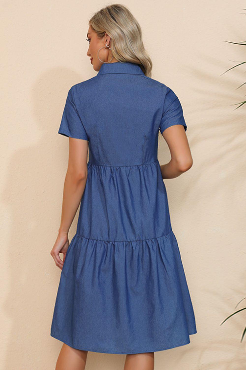 WBS Short Sleeve Collared Button Down Denim Dress-Will be shipped collection-Peacock Blue-S-[option4]-[option5]-[option6]-Womens-USA-Clothing-Boutique-Shop-Online-Clothes Minded
