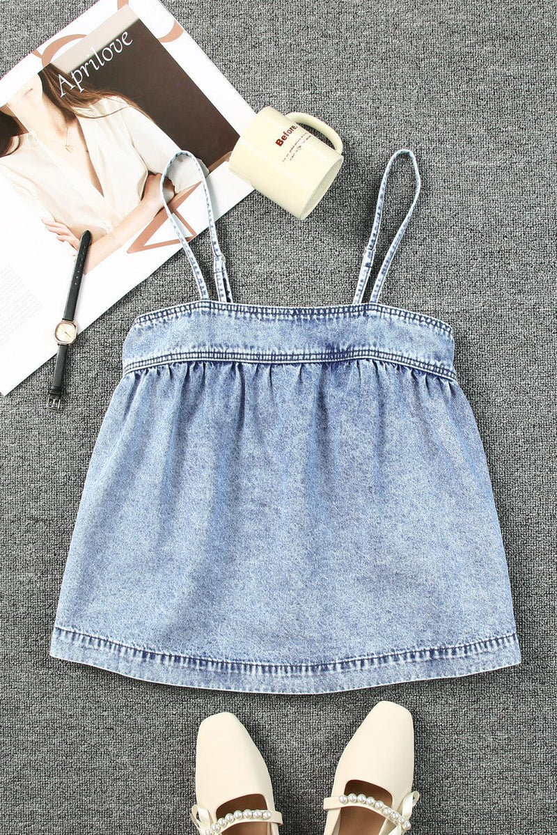 WBS Smocked Adjustable Strap Denim Cami-Will be shipped collection-Light Wash-S-[option4]-[option5]-[option6]-Womens-USA-Clothing-Boutique-Shop-Online-Clothes Minded