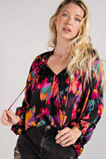 WBS V-NECK TIE FRONT BLOUSE TOP-Shirts & Tops-Contemporary, Long Sleeve, Only at FashionGo, Polyester, Print-Animal-Floral-Skull-Butterfly, Shirts & Blouses, Tiered-BLACK-S-[option4]-[option5]-[option6]-Womens-USA-Clothing-Boutique-Shop-Online-Clothes Minded