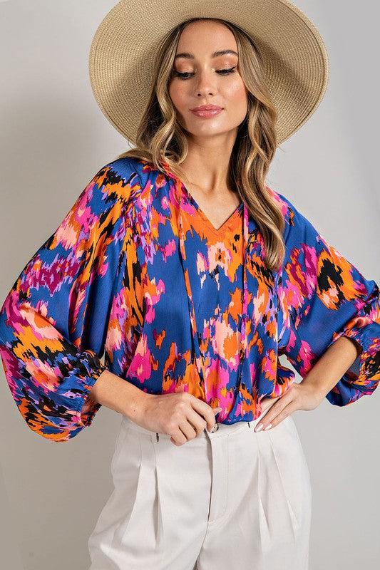 WBS V-NECK TIE FRONT BLOUSE TOP-Shirts & Tops-Contemporary, Long Sleeve, Only at FashionGo, Polyester, Print-Animal-Floral-Skull-Butterfly, Shirts & Blouses, Tiered-ROYAL BLUE-S-[option4]-[option5]-[option6]-Womens-USA-Clothing-Boutique-Shop-Online-Clothes Minded