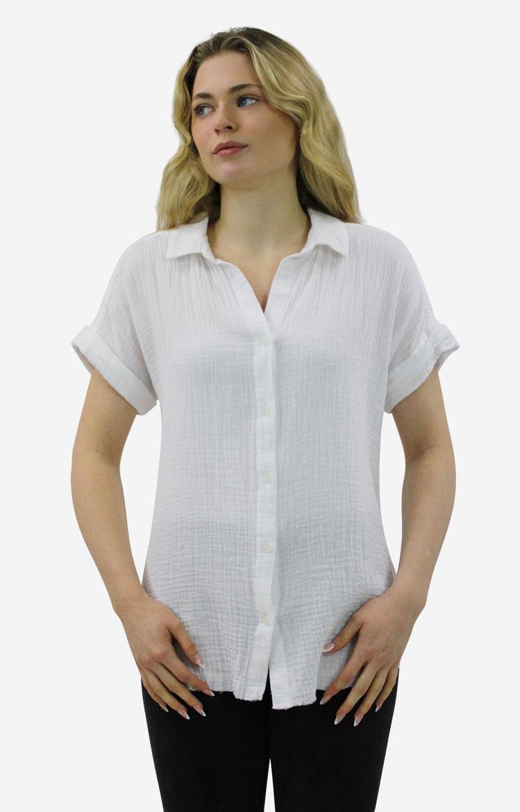 White Gauze Short Sleeve Button Up-100 Short Sleeve Tops-Gauze Button Up, Short Sleeve Button Up, White Button Up, White Gauze Short Sleeve Button Up-Medium-[option4]-[option5]-[option6]-Womens-USA-Clothing-Boutique-Shop-Online-Clothes Minded