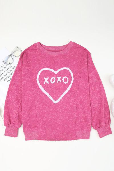 XOXO Heart Graphic Round Neck Long Sleeve Sweatshirt-Ship From Overseas, SYNZ-[option4]-[option5]-[option6]-Womens-USA-Clothing-Boutique-Shop-Online-Clothes Minded