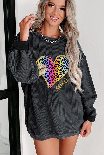 XOXO Leopard Round Neck Sweatshirt-Ship From Overseas, SYNZ-Charcoal-S-[option4]-[option5]-[option6]-Womens-USA-Clothing-Boutique-Shop-Online-Clothes Minded
