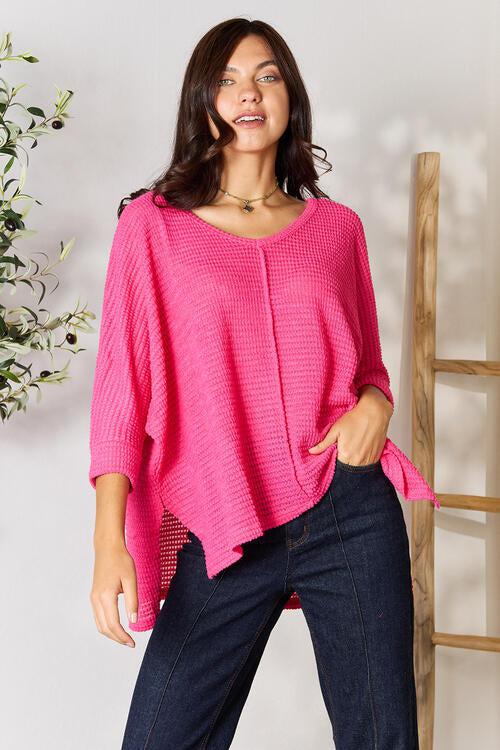 Zenana Full Size Round Neck High-Low Slit Knit Top-Ship from USA, Zenana-Fuchsia-S/M-[option4]-[option5]-[option6]-Womens-USA-Clothing-Boutique-Shop-Online-Clothes Minded
