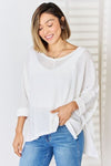 Zenana Full Size Waffle Knit V-Neck Long Sleeve Slit Top-Ship from USA, Zenana-Ivory-S/M-[option4]-[option5]-[option6]-Womens-USA-Clothing-Boutique-Shop-Online-Clothes Minded