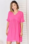 Zenana Swiss Dot Rolled Short Sleeve Babydoll Dress-Ship from USA, Zenana-Fuchsia-S-[option4]-[option5]-[option6]-Womens-USA-Clothing-Boutique-Shop-Online-Clothes Minded