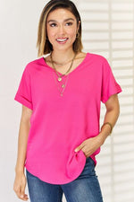 Zenana V-Neck Rolled Short Sleeve T-Shirt-Ship from USA, Zenana-Hot Pink-S-[option4]-[option5]-[option6]-Womens-USA-Clothing-Boutique-Shop-Online-Clothes Minded