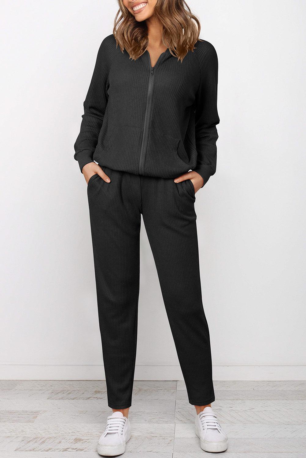 Zip-Up Long Sleeve Top and Pants Set-Ship From Overseas, SYNZ-Black-S-[option4]-[option5]-[option6]-Womens-USA-Clothing-Boutique-Shop-Online-Clothes Minded