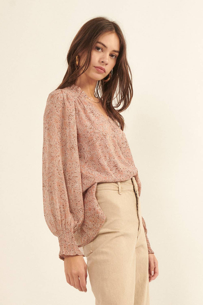 Floral V Neck Long Sleeve Blouse