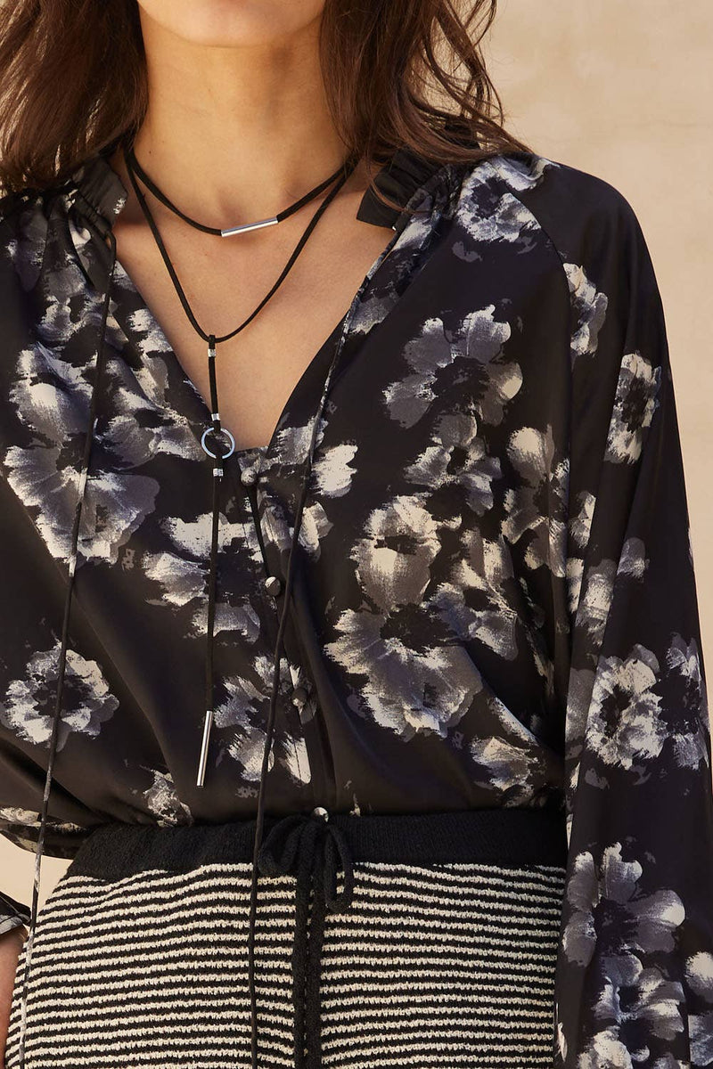 Floral-Print Satin V-Neck Buttoned Ruffle-Cuff Top