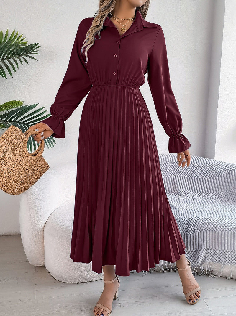 Pleated Half Button Long Sleeve Midi Dress Pleated Half Button Long Sleeve Midi Dress