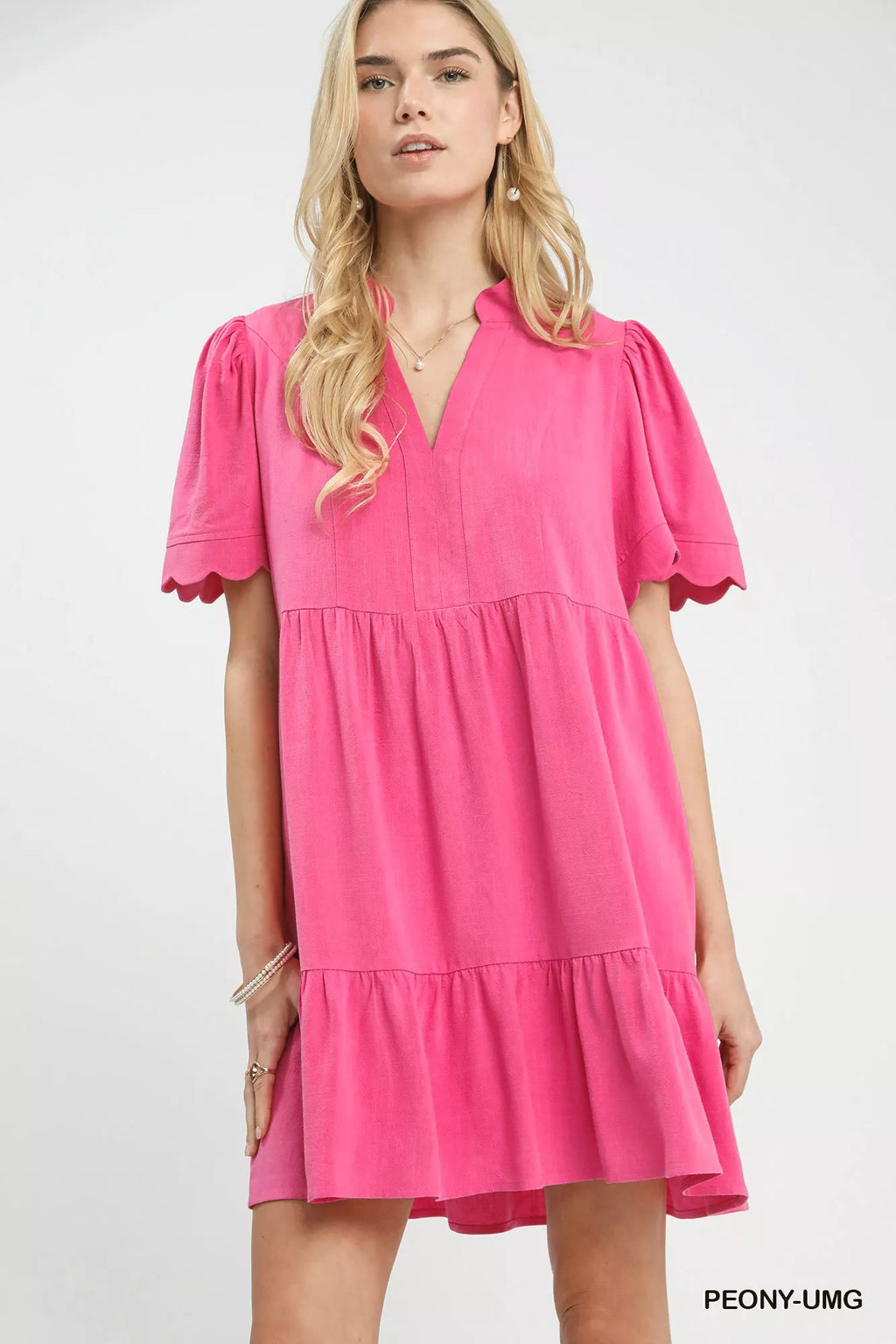 Umgee Linen Tiered Babydoll Dress with Scalloped Sleeves Umgee Linen Tiered Babydoll Dress with Scalloped Sleeves