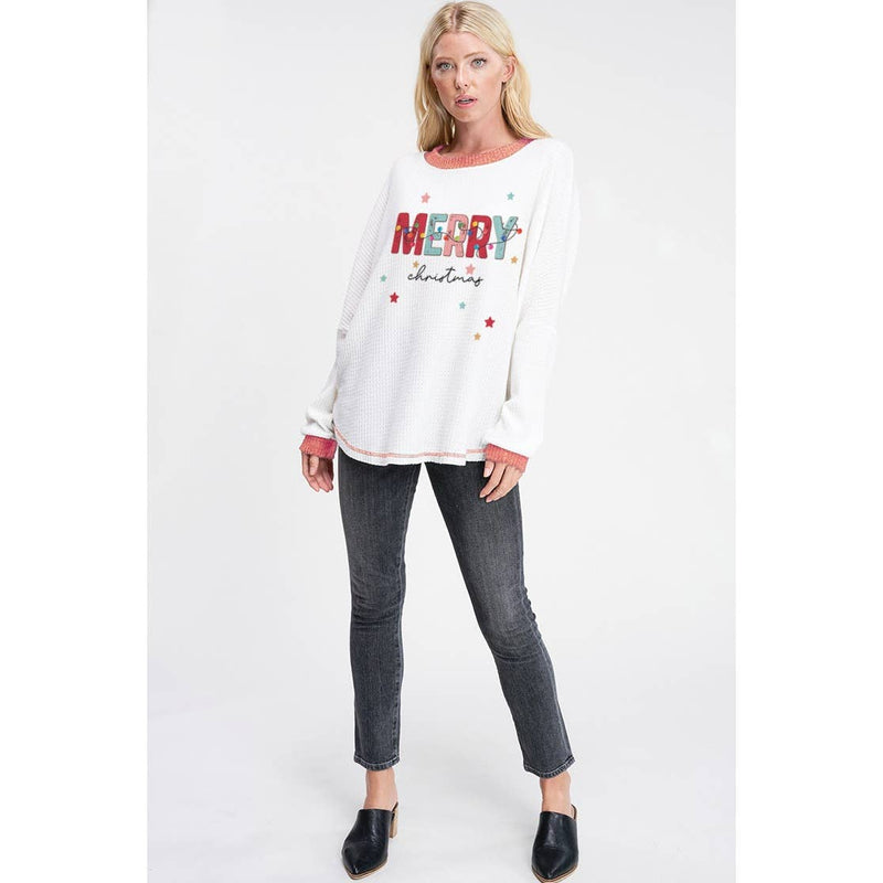 Merry print waffle knit neck band contrast top