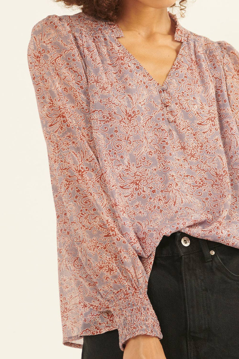 Floral V Neck Long Sleeve Blouse