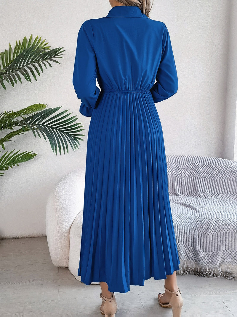 Pleated Half Button Long Sleeve Midi Dress Pleated Half Button Long Sleeve Midi Dress