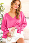 V-Neck Pink Long Ruffle Sleeve Blouse