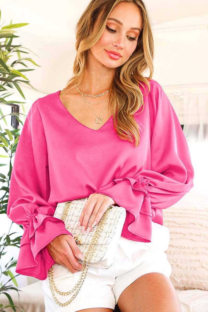 V-Neck Pink Long Ruffle Sleeve Blouse