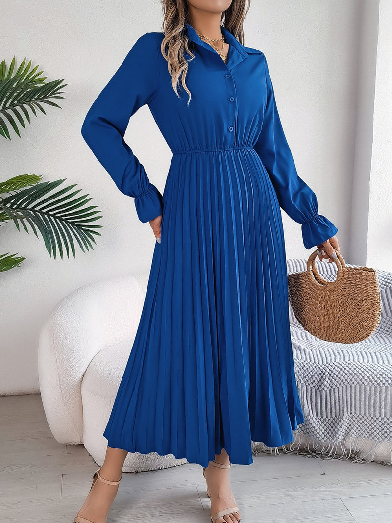 Pleated Half Button Long Sleeve Midi Dress Pleated Half Button Long Sleeve Midi Dress