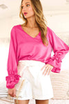 V-Neck Pink Long Ruffle Sleeve Blouse