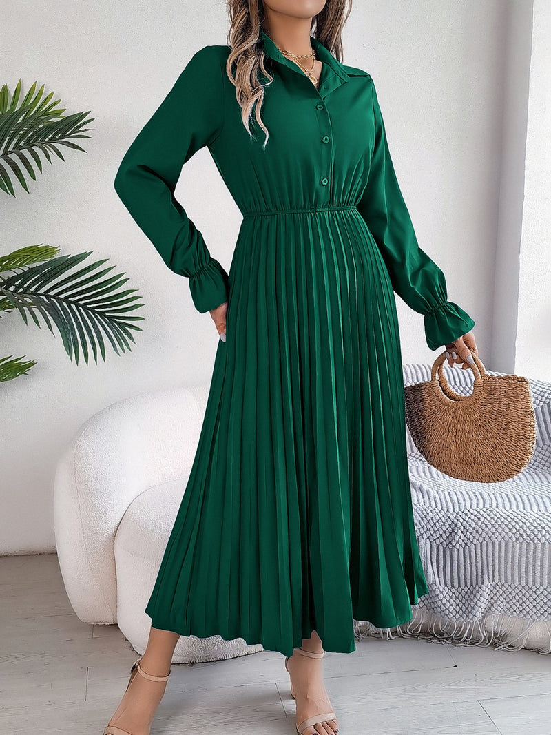 Pleated Half Button Long Sleeve Midi Dress Pleated Half Button Long Sleeve Midi Dress