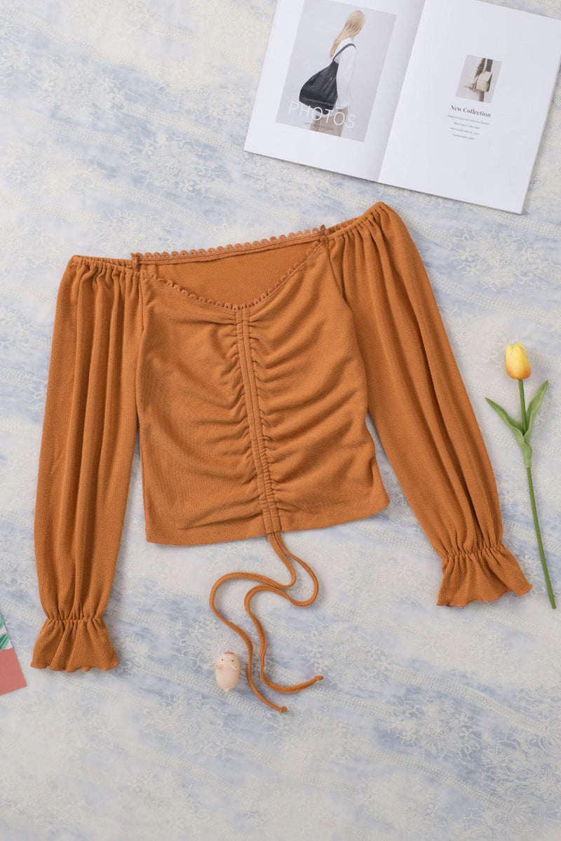 WBS Drawstring Detail Flounce Sleeve Off-Shoulder Crop Top-Orange-S-[option4]-[option5]-[option6]-Womens-USA-Clothing-Boutique-Shop-Online-Clothes Minded