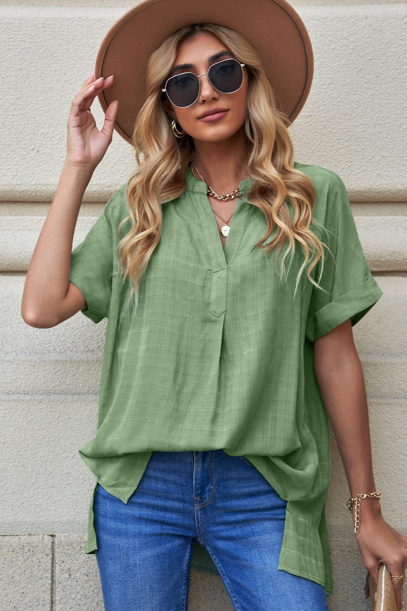 WBS Notched Side Slit Cuffed Blouse-Green-S-[option4]-[option5]-[option6]-Womens-USA-Clothing-Boutique-Shop-Online-Clothes Minded
