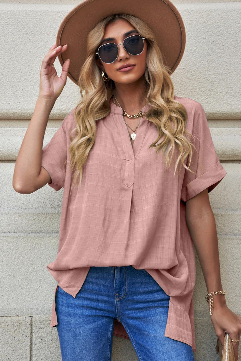 WBS Notched Side Slit Cuffed Blouse-Pink-S-[option4]-[option5]-[option6]-Womens-USA-Clothing-Boutique-Shop-Online-Clothes Minded