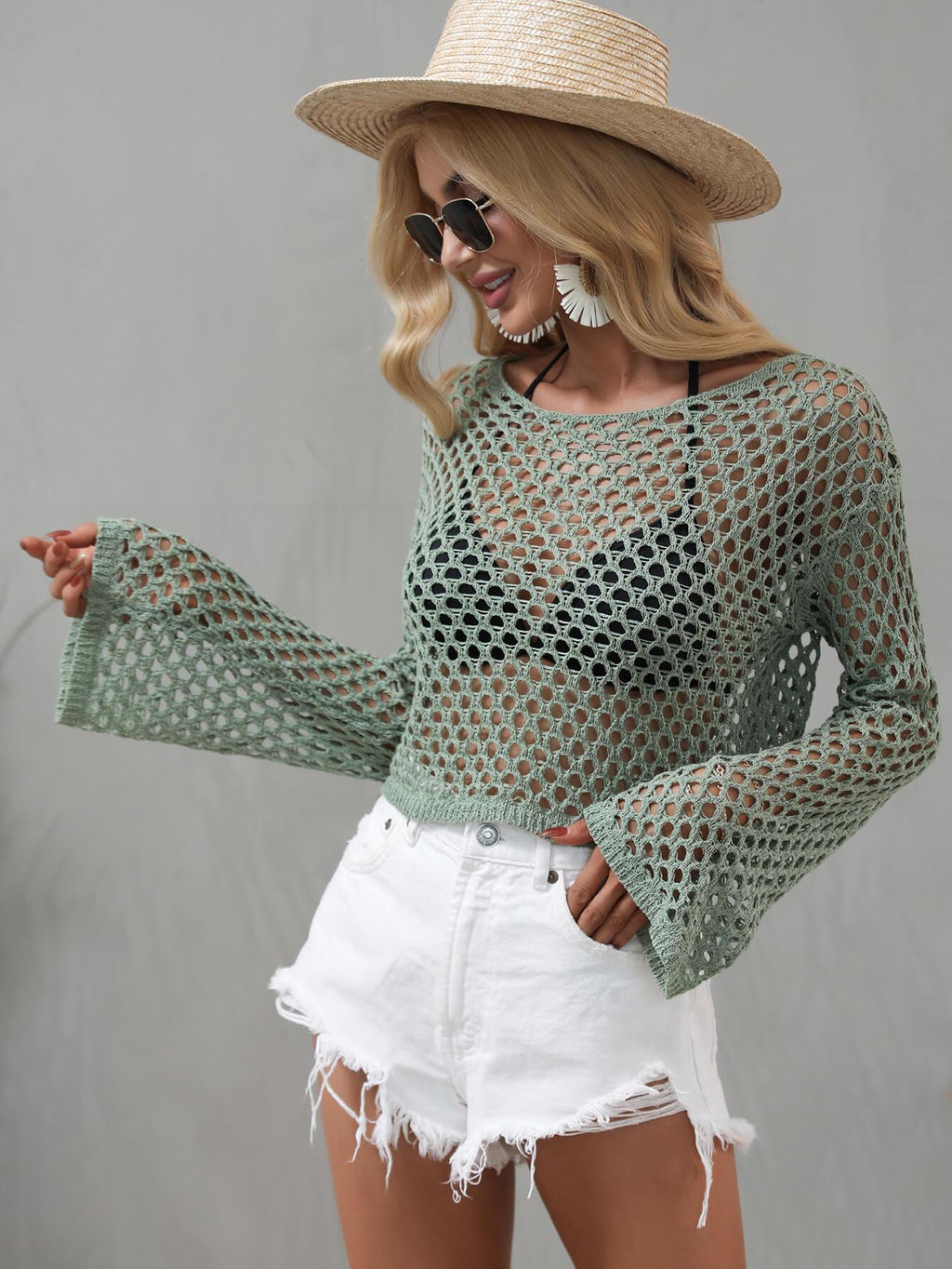 WBS Openwork Flare Sleeve Cropped Cover Up-Shipping Delay 01/12/2023 - 01/29/2023, ShippingDelay 01/12/2023 - 01/29/2023-Green-S-[option4]-[option5]-[option6]-Womens-USA-Clothing-Boutique-Shop-Online-Clothes Minded