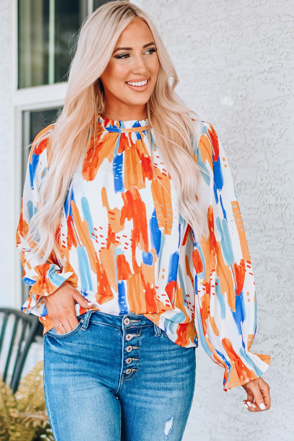 WBS Paint Print Ruffle Collar Flounce Sleeve Top-Shipping Delay 01/17/2023 - 01/25/2023-Multi-S-[option4]-[option5]-[option6]-Womens-USA-Clothing-Boutique-Shop-Online-Clothes Minded