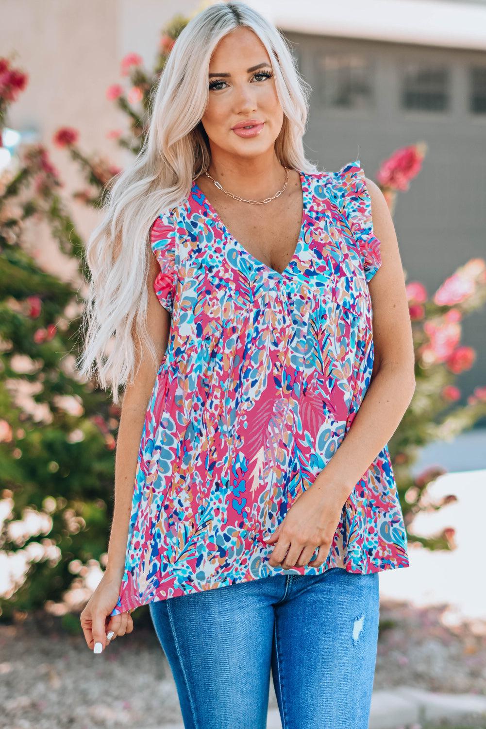 WBS Printed Flutter Sleeve V-Neck Top cf-Shirts & Tops--[option4]-[option5]-[option6]-Womens-USA-Clothing-Boutique-Shop-Online-Clothes Minded