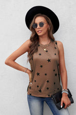WBS Star Print Tank with Slits-Shirts & Tops-Camel-M-[option4]-[option5]-[option6]-Womens-USA-Clothing-Boutique-Shop-Online-Clothes Minded