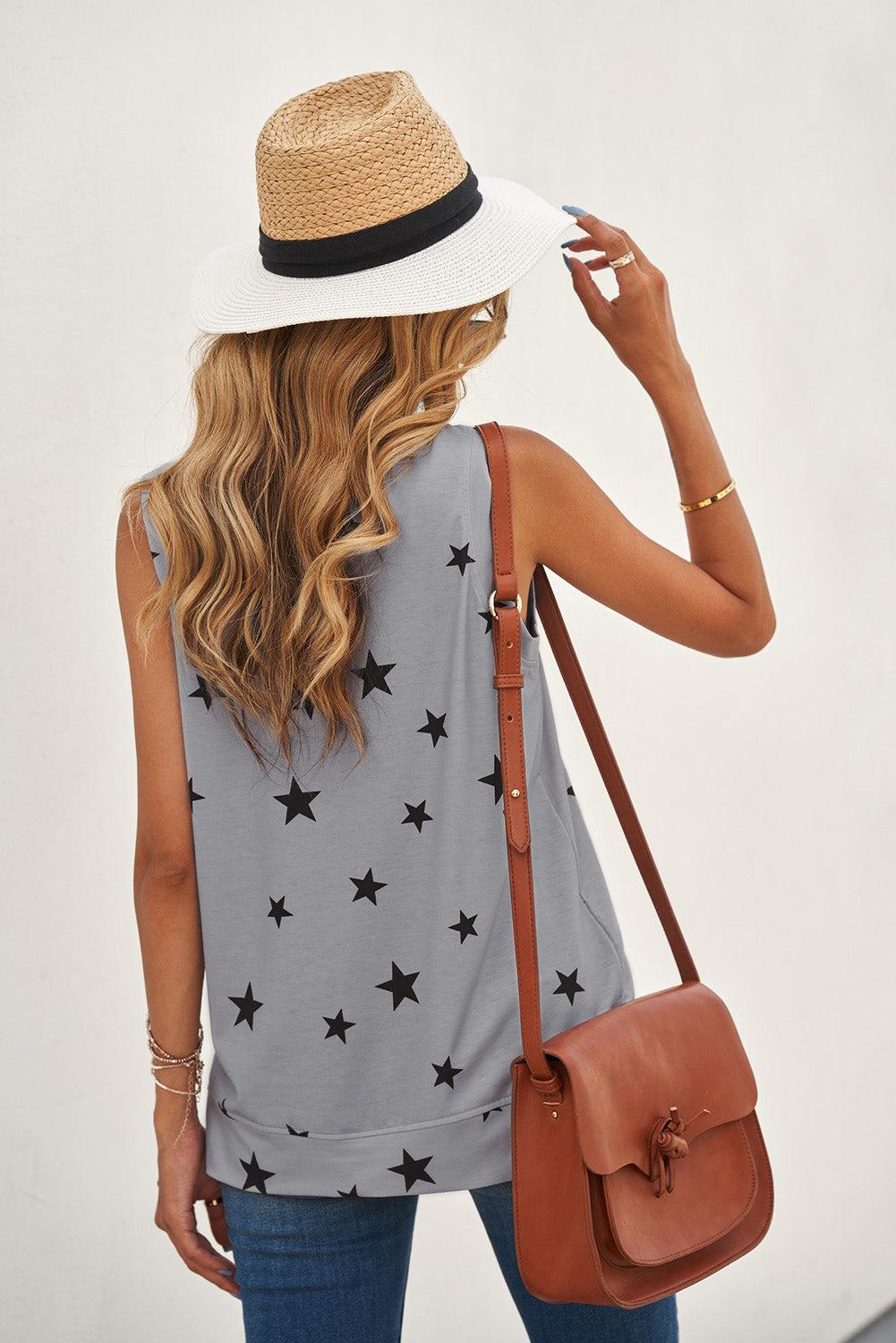 WBS Star Print Tank with Slits-Shirts & Tops-Gray-M-[option4]-[option5]-[option6]-Womens-USA-Clothing-Boutique-Shop-Online-Clothes Minded