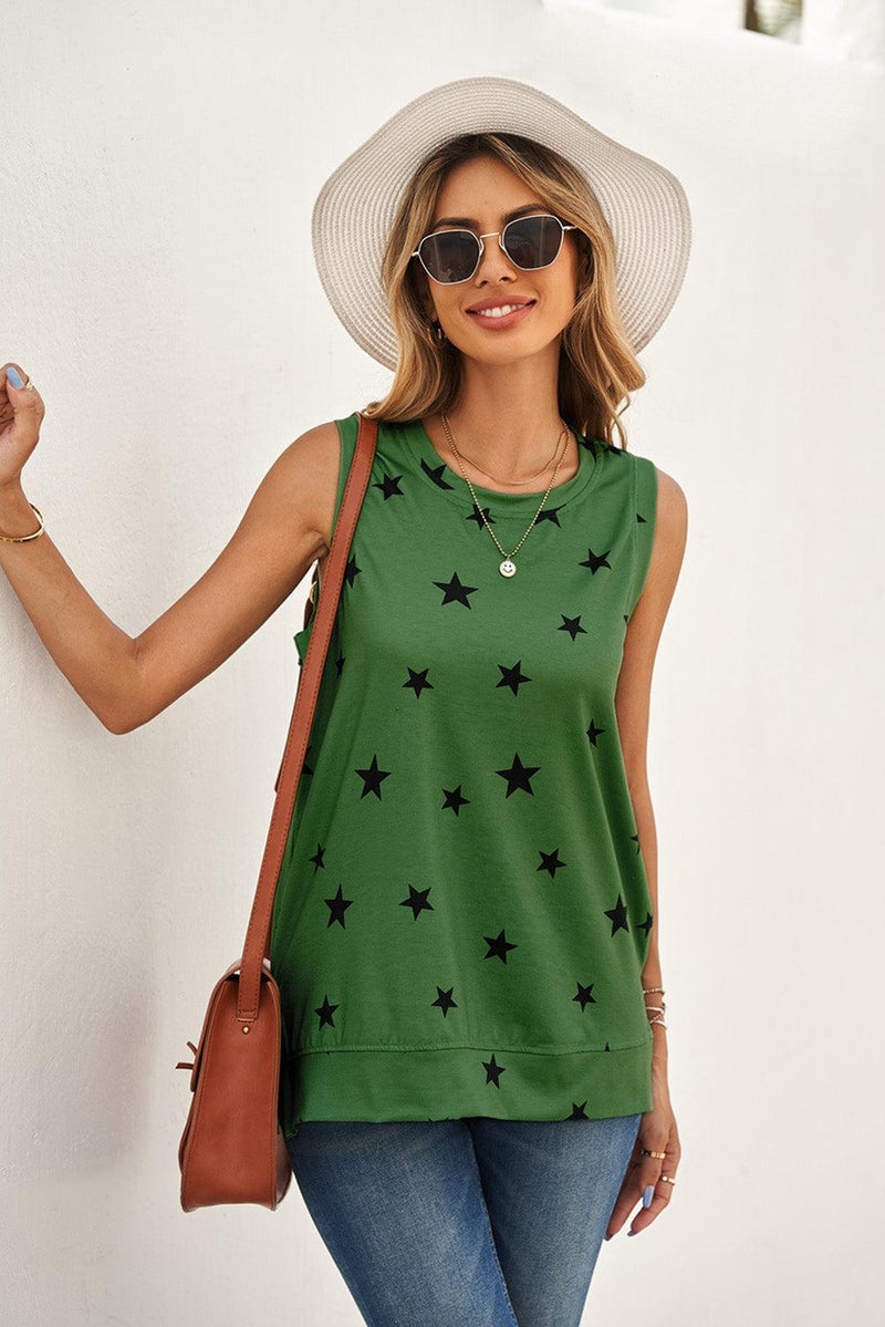WBS Star Print Tank with Slits-Shirts & Tops-Forest-2XL-[option4]-[option5]-[option6]-Womens-USA-Clothing-Boutique-Shop-Online-Clothes Minded