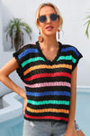 WBS Striped V-Neck Slit Cover Up-Shirts & Tops-Black-S-[option4]-[option5]-[option6]-Womens-USA-Clothing-Boutique-Shop-Online-Clothes Minded